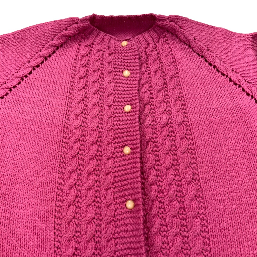 Vintage Hand-Knitted Fuchsia Pink Chunky Cable Knit Wool Cardigan XL